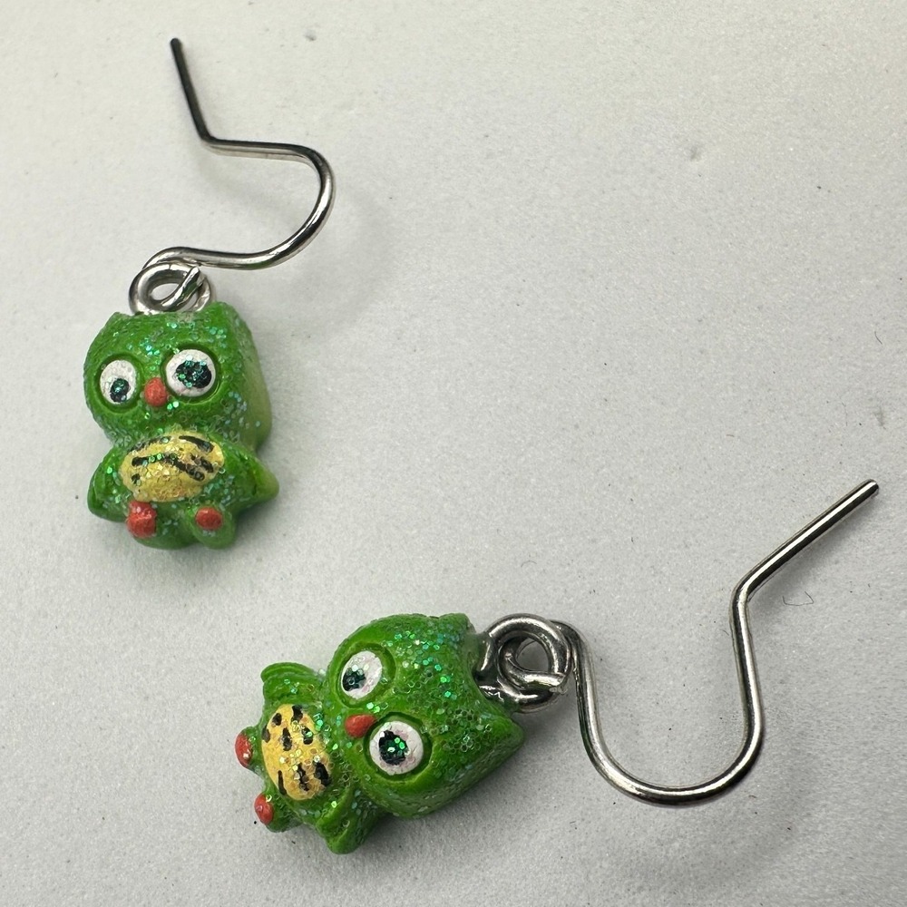Glitter Green Owl Dangle Earrings Cute Kawaii Forest Style
